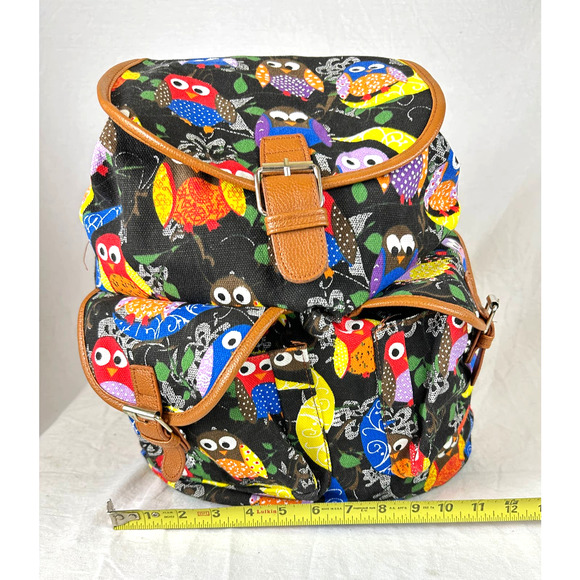 Canvas Owl Backpack Magnetic Snap Closures Padded Adjustable Shoulder Straps - Picture 8 of 9